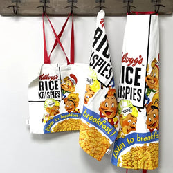 Vintage Kelloggs Rice Crispies Snap Crackle & Pop adult apron, retro kitchen wear, available at Keans Claremorris.