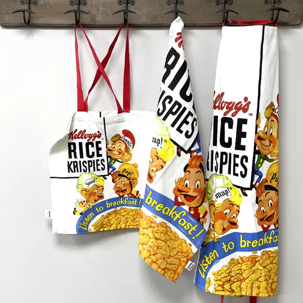 Vintage Kelloggs Rice Crispies Snap Crackle & Pop adult apron, retro kitchen wear, available at Keans Claremorris.