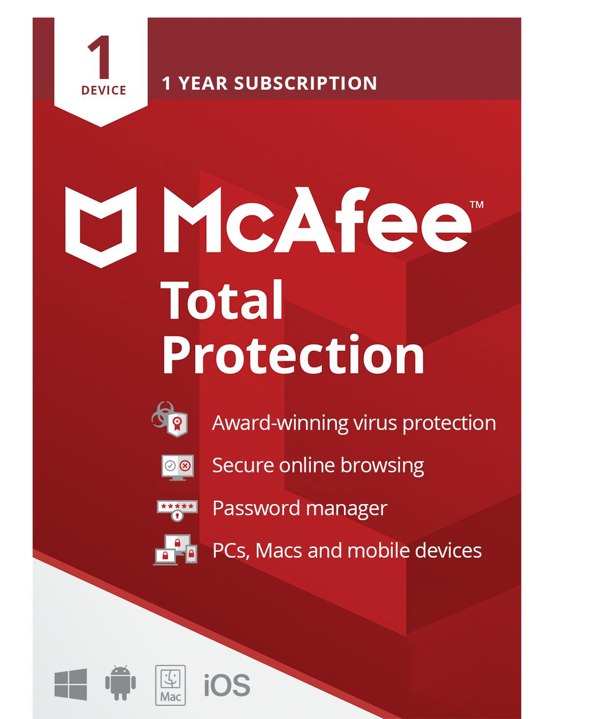McAfee Total Protection antivirus software for 1 device, 1 year subscription, available at Keans Claremorris.