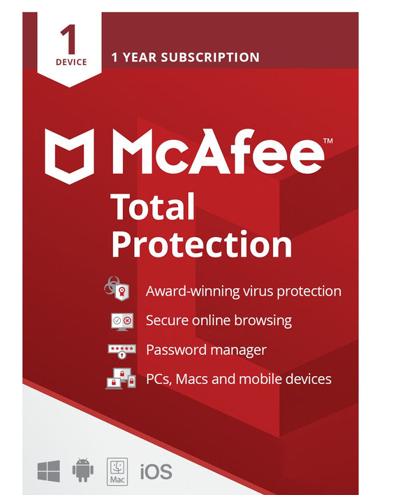 McAfee Total Protection antivirus software for 1 device, 1 year subscription, available at Keans Claremorris.