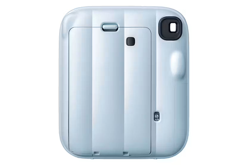 Back view of the blue Instax Mini 13 camera showing battery compartment and viewfinder.