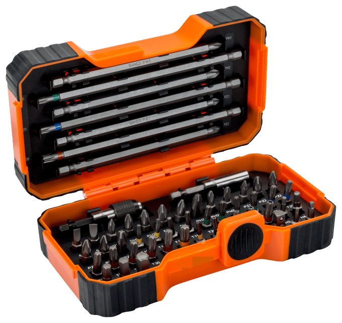 Bahco 54 piece Open tool case with various drill bits on a white background