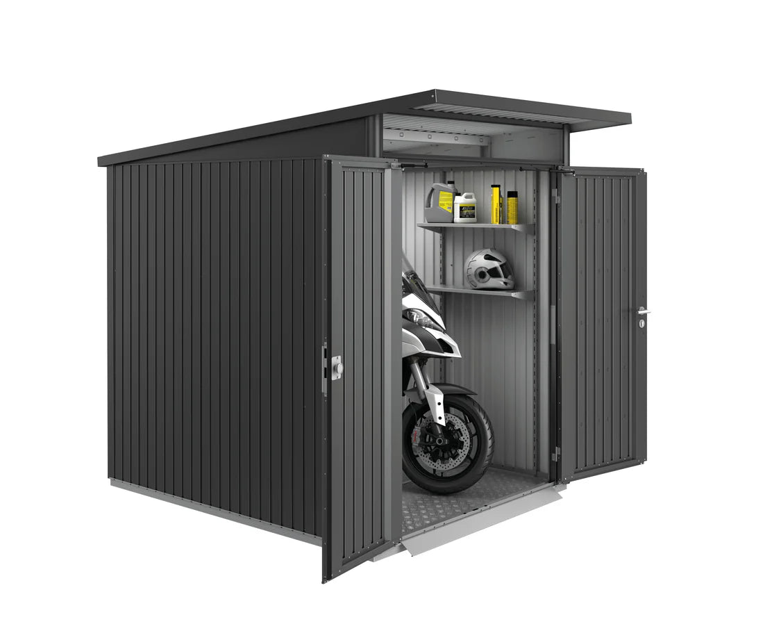 Biohort Garden Shed AvantGarde ECO double door in dark gray, open with motorcycle and shelves inside