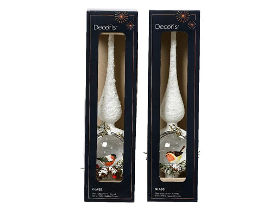 Glass Tree topper with Birds – White Glitter (2 Assorted) h31cm