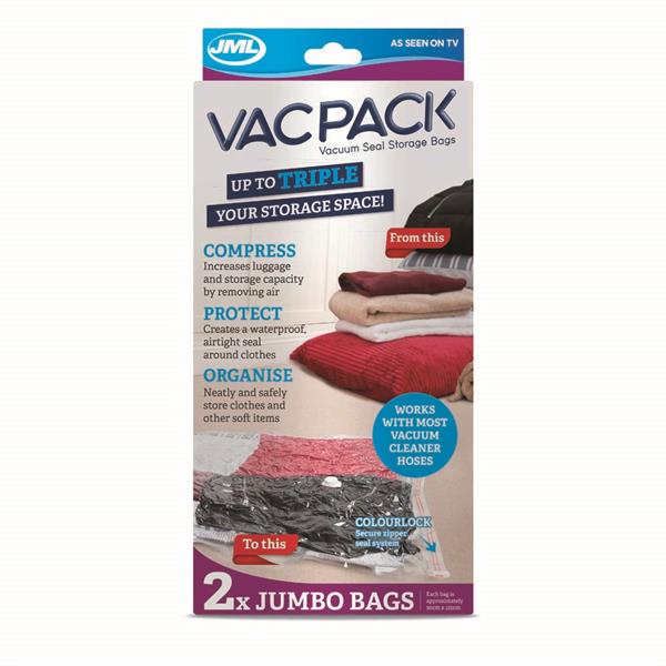 JML Jumbo Vac Pack Storage Bags 2 Pack, airtight, waterproof vacuum seal, 90x125cm, space-saving, available at Keans