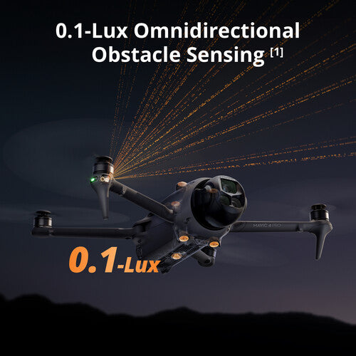 DJI Mavic 4 Pro Drone in flight at night showing obstacle sensing lights and sensors on arms and front.