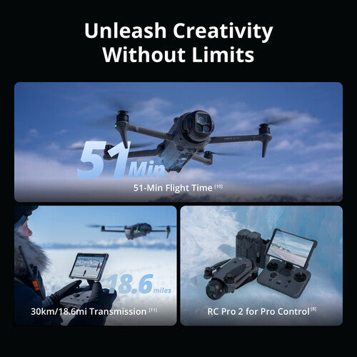 DJI Mavic 4 Pro drone flying with blurred sky background, highlighting 51-minute flight time.