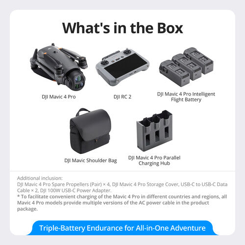 DJI Mavic 4 Pro drone, remote controller, three batteries, shoulder bag, and parallel charging hub arranged on white