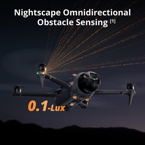 DJI Mavic 4 Pro drone flying at night with illuminated obstacle sensing beams visible around it.