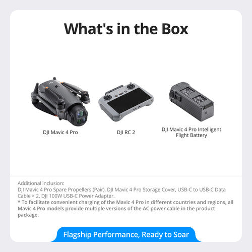 Folded DJI Mavic 4 Pro drone with DJI RC 2 remote and intelligent flight battery on white background