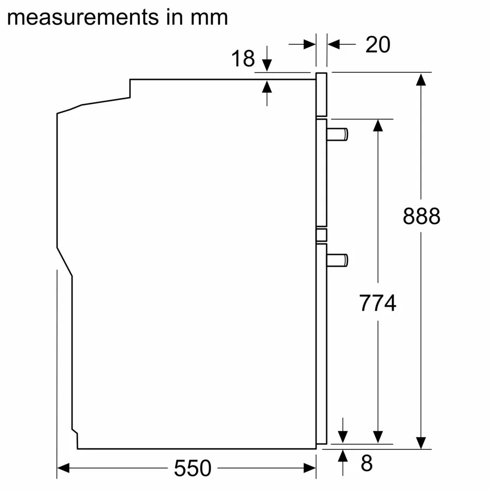 Technical side view drawing of Neff 50 built-in double oven with measurements in millimeters.