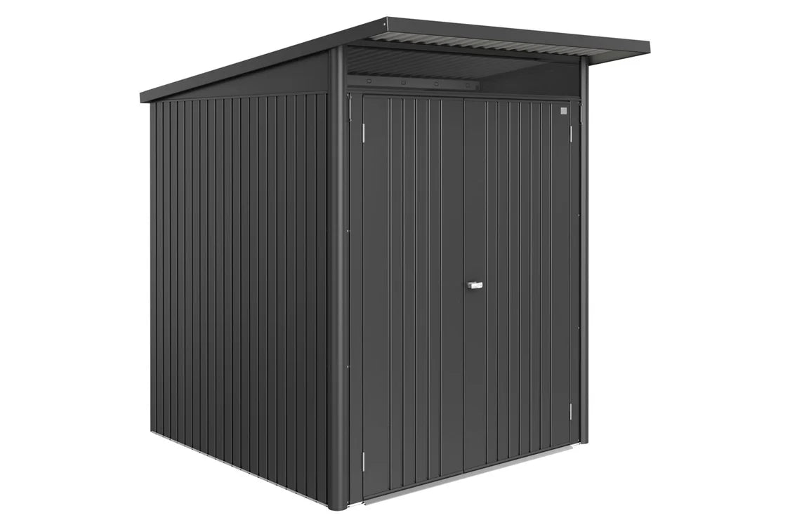Dark gray Biohort Garden Shed AvantGarde ECO with double doors and a slanted roof, front angle view.
