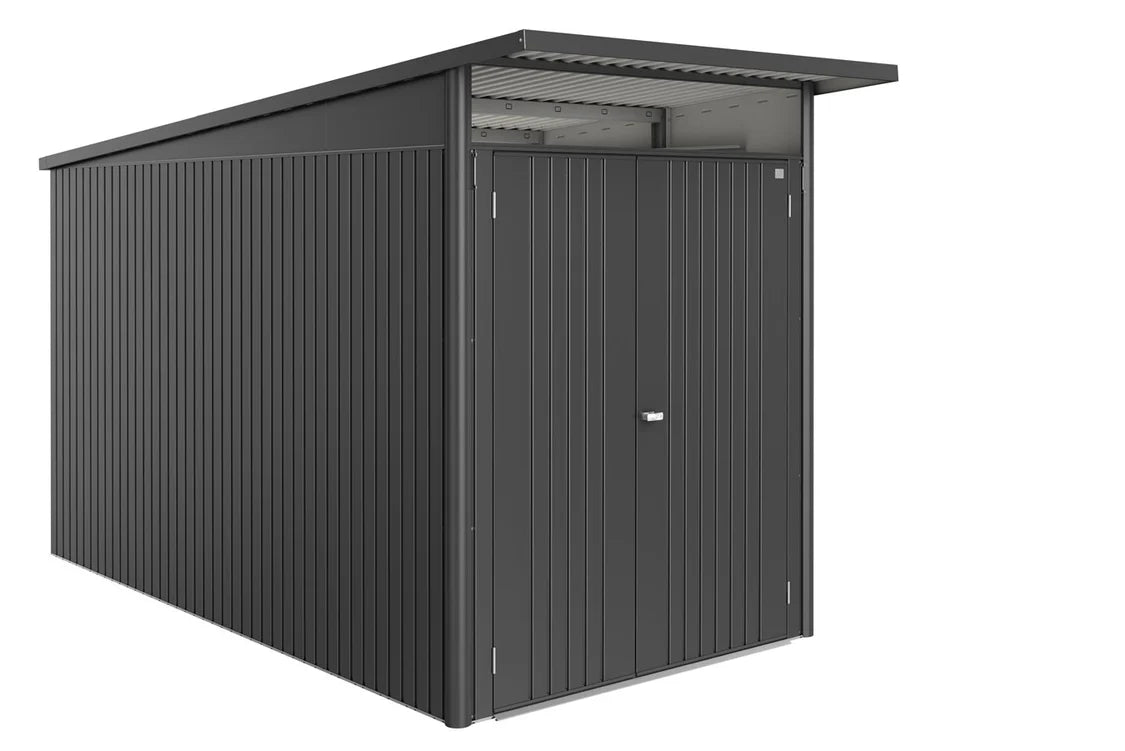 Dark gray Biohort Garden Shed AvantGarde ECO with double doors and a slanted roof, front angle view.