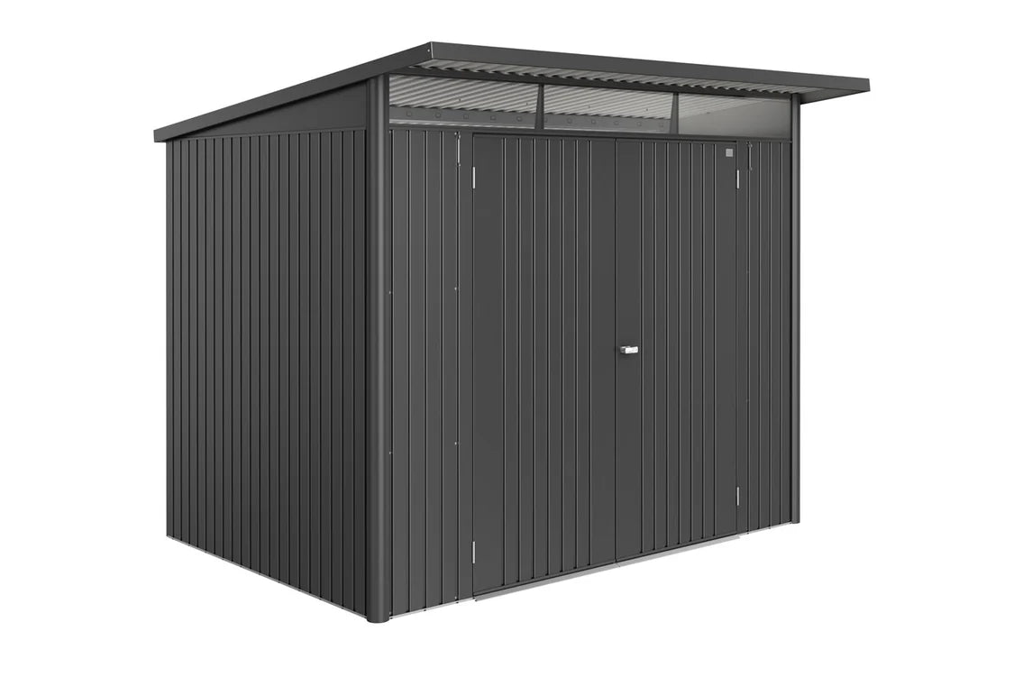 Dark gray Biohort Garden Shed AvantGarde ECO with double doors and a slanted roof with ventilation panels.