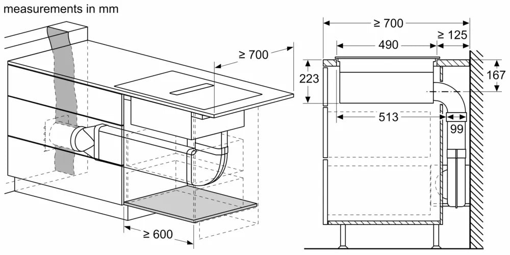 Technical drawing showing top-mounted installation and ventilation duct dimensions for Neff N50 Induction Hob with