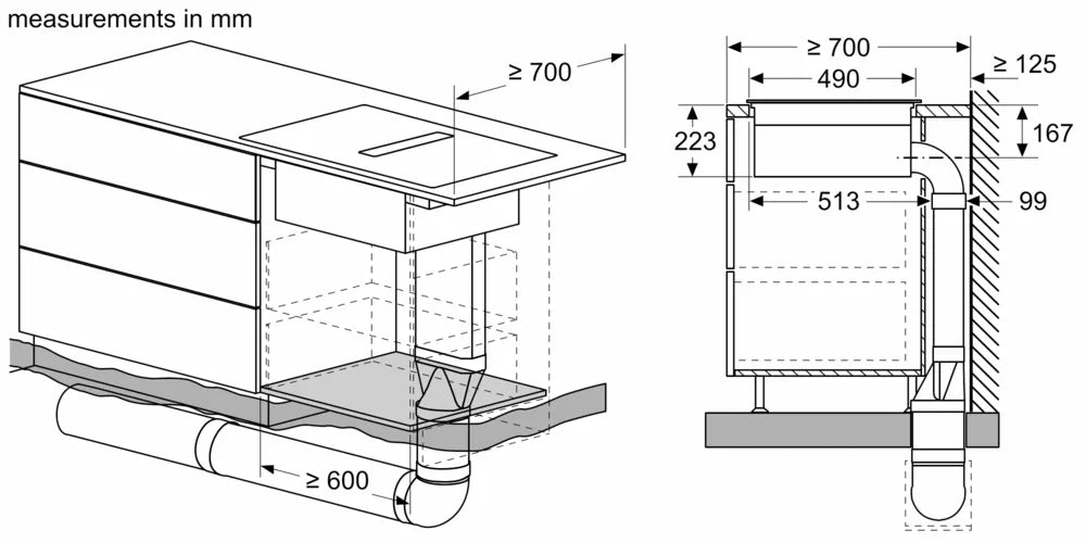 Technical diagram showing installation dimensions and ventilation duct layout for Neff N50 Induction Hob with Integrated