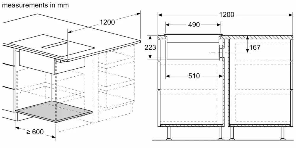 Technical drawing showing top-mounted installation dimensions for Neff N50 Induction Hob with Integrated Ventilation system.