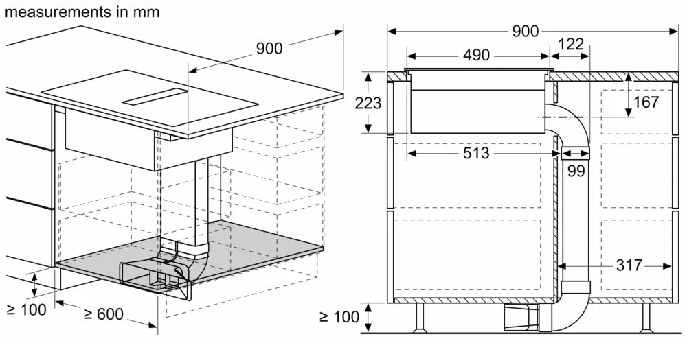 Technical diagram showing installation dimensions and ventilation duct layout for Neff N50 Induction Hob with Integrated