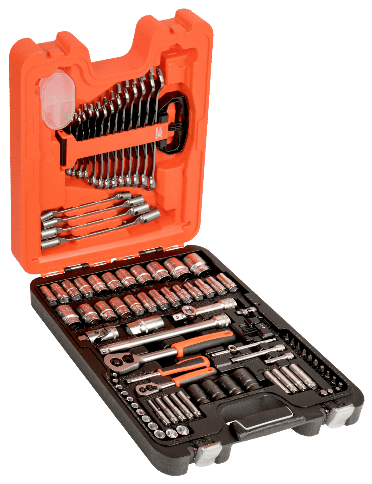 Open Bahco S87 94-piece socket and spanner set in black and orange case showing organized tools.