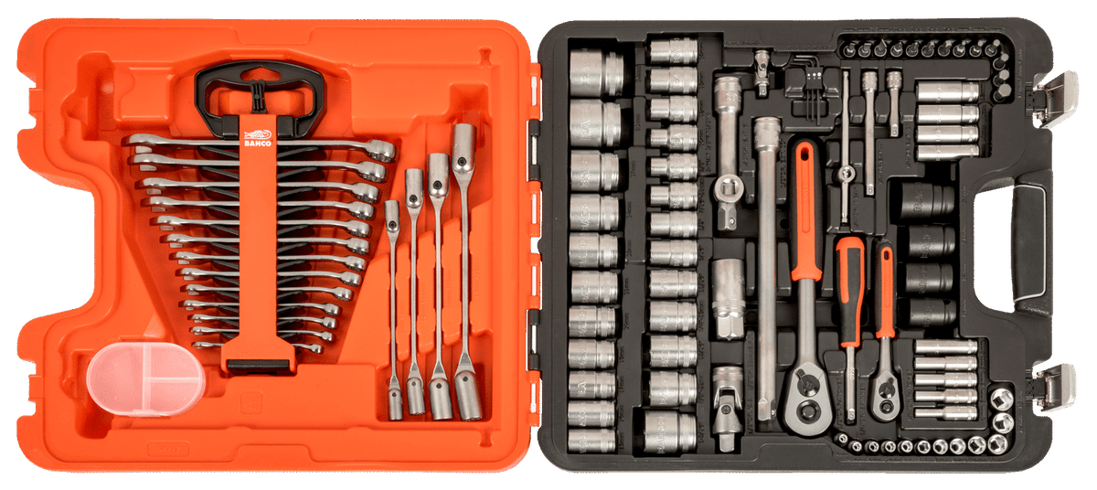 Open Bahco S87 94-piece socket and spanner set with tools neatly organized in orange and black case.