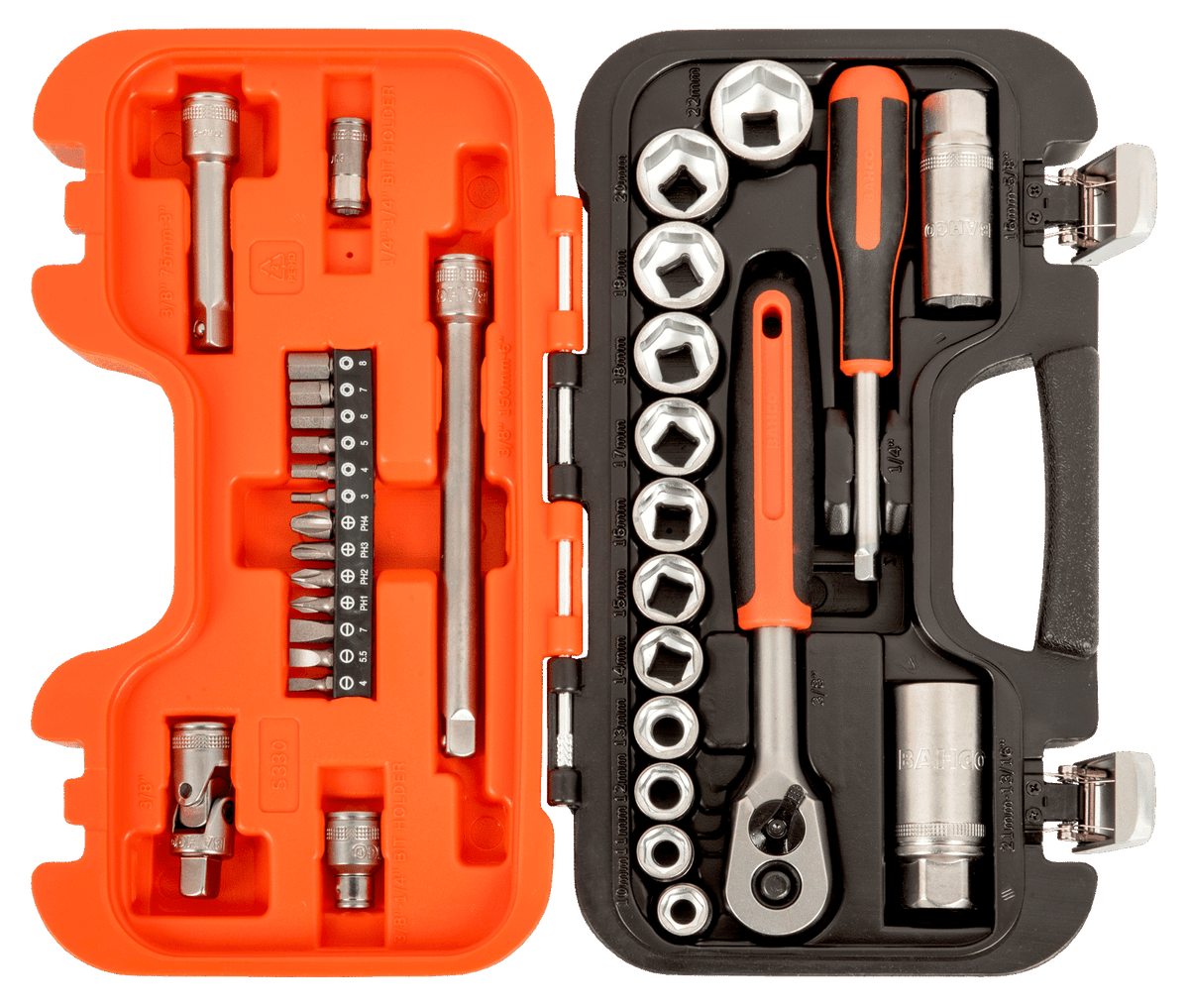 Open Bahco 3/8" drive 33-piece metric socket set with sockets, ratchet, screwdriver, and bits in orange and black case