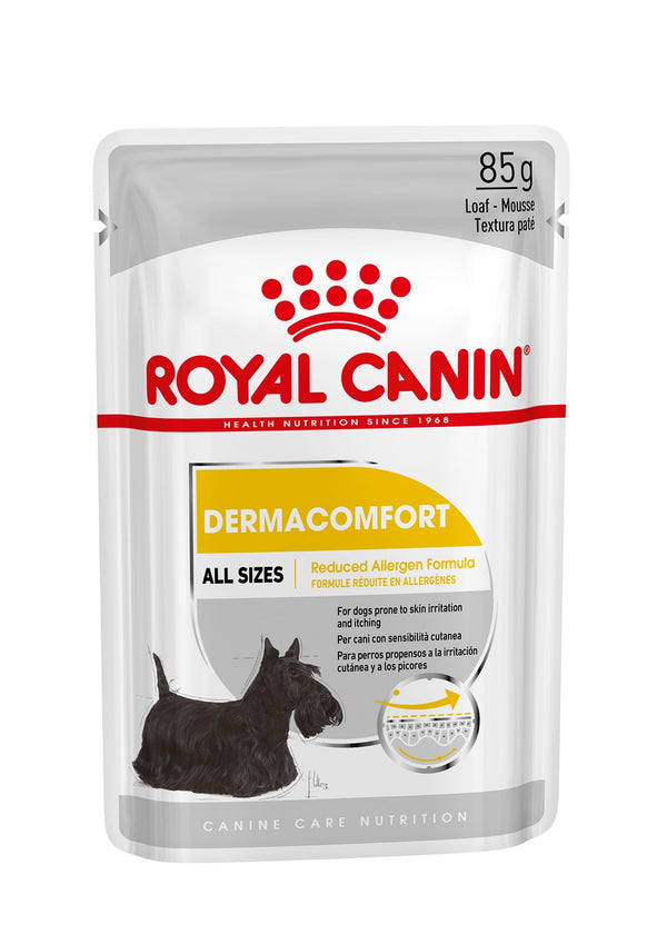 Royal Canin Dermacomfort 85g dog pouch for skin irritation, supports healthy skin, balanced nutrition – Keans Claremorris