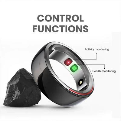 Hi Future Smart Nano Ceramic Ring 60mm showing inner sensors for activity and health monitoring next to a black rock.