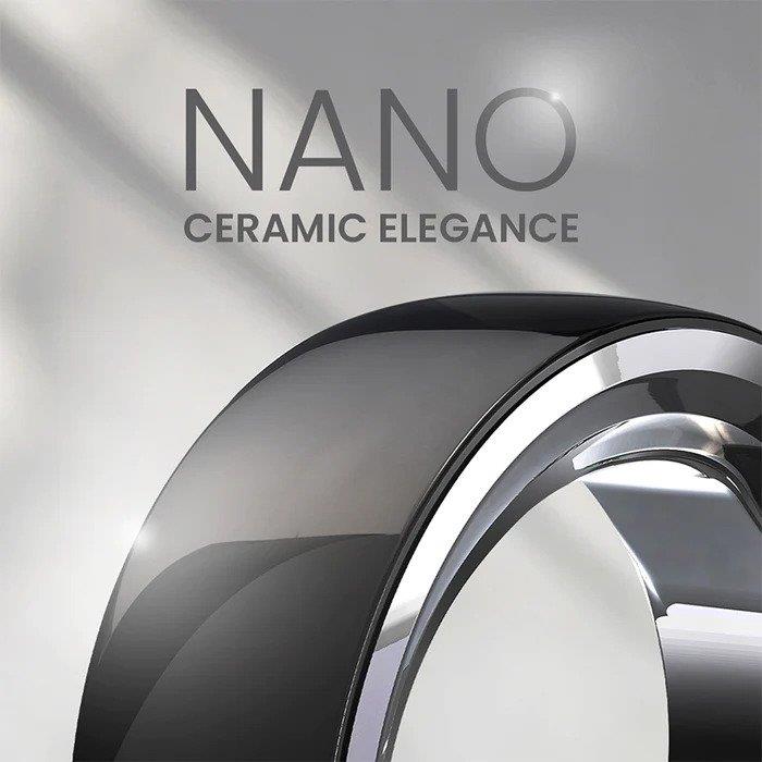 Close-up of a glossy black Hi Future Smart Nano Ceramic Ring with reflective surface and smooth finish.