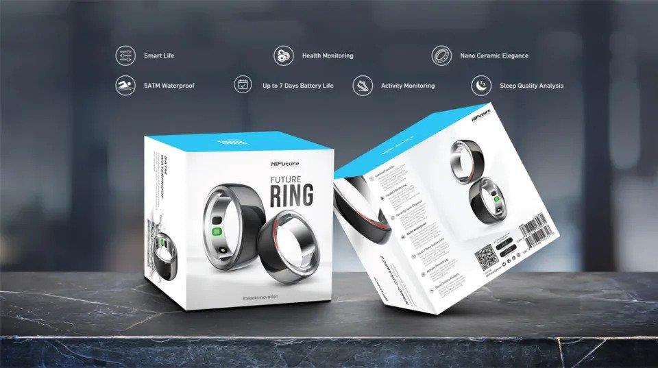 Packaging boxes for Hi Future Smart Nano Ceramic Ring 60mm showing ring images and key features on a dark surface.