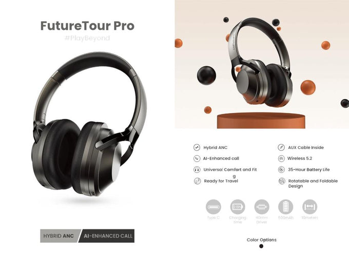 Hi Future Tour Pro Hybrid Ai Bluetooth V5.2 Headphones 35 Hr Battery Black - Keans Claremorris