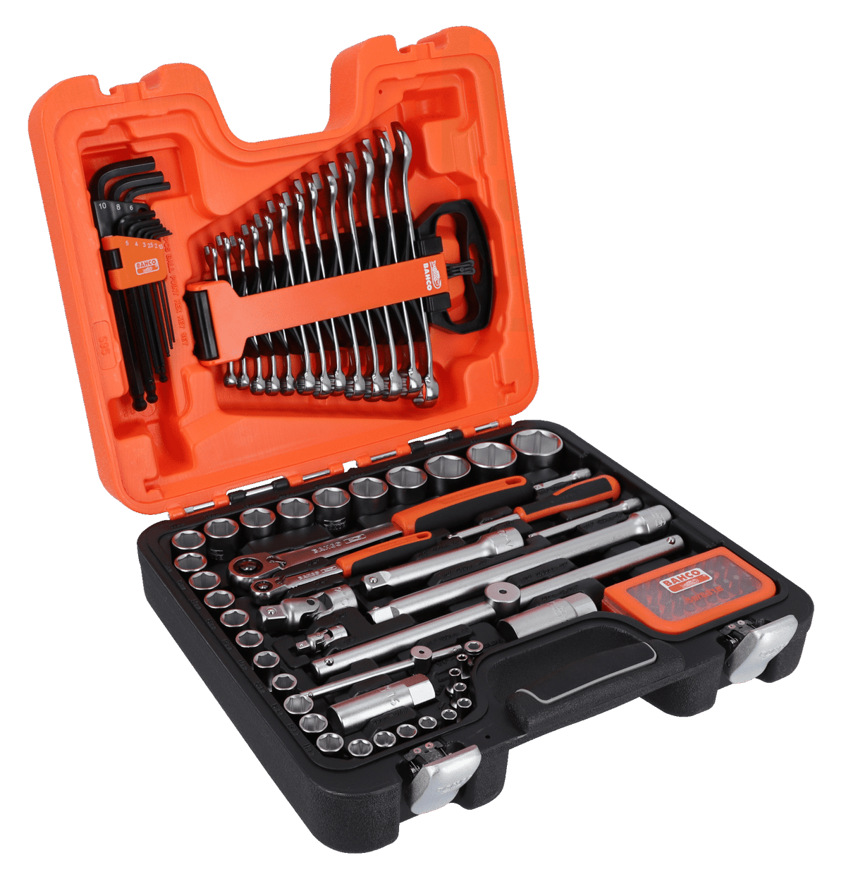 Open orange and black case showing Bacho S95 95-piece socket, wrench, and hex key set neatly organized inside