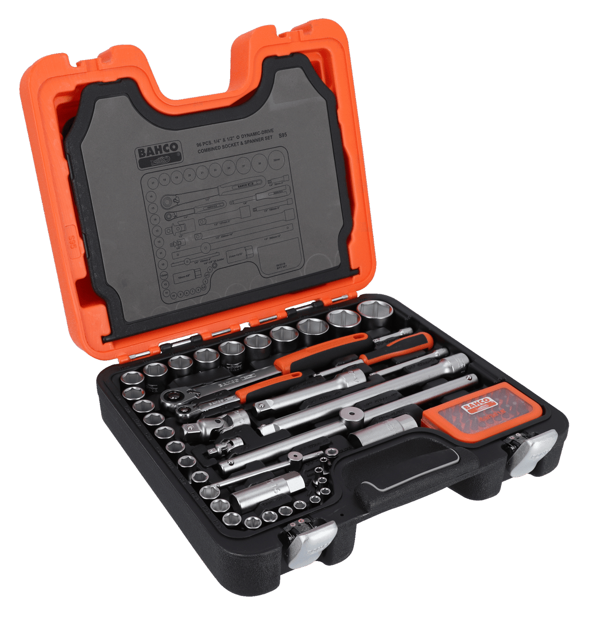 Open orange and black case showing Bacho S95 95-piece socket and mechanical tool set with sockets and ratchets.