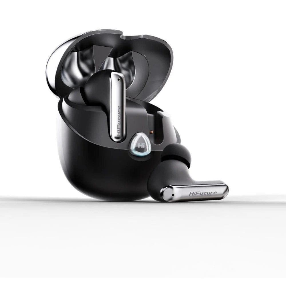 HiFuture Wireless Earbuds in black with one earbud outside and the charging case open showing the other earbud inside.