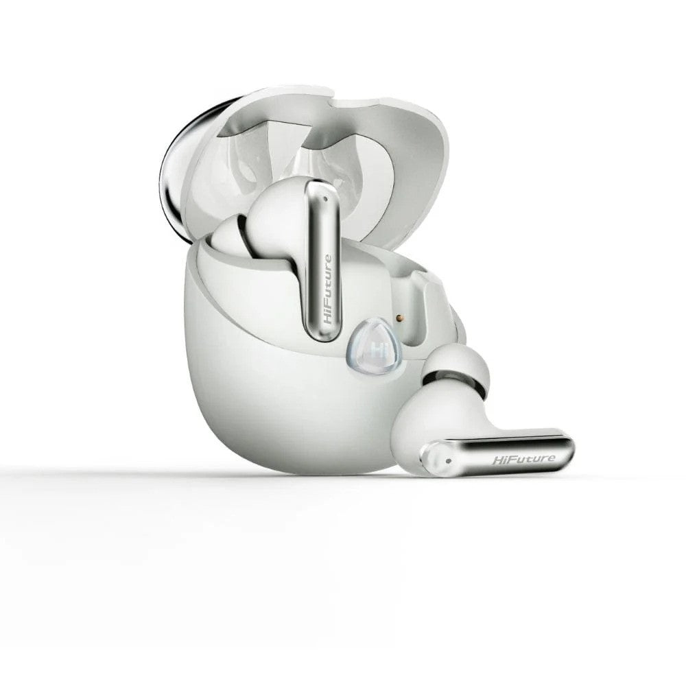 HiFuture white wireless earbuds with one in the charging case and one resting beside it on a white background.