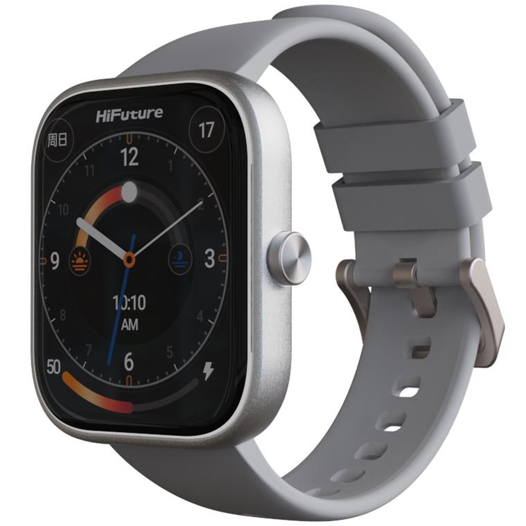 HiFuture Lume smartwatch with grey silicone strap and digital clock face showing 10:10 AM