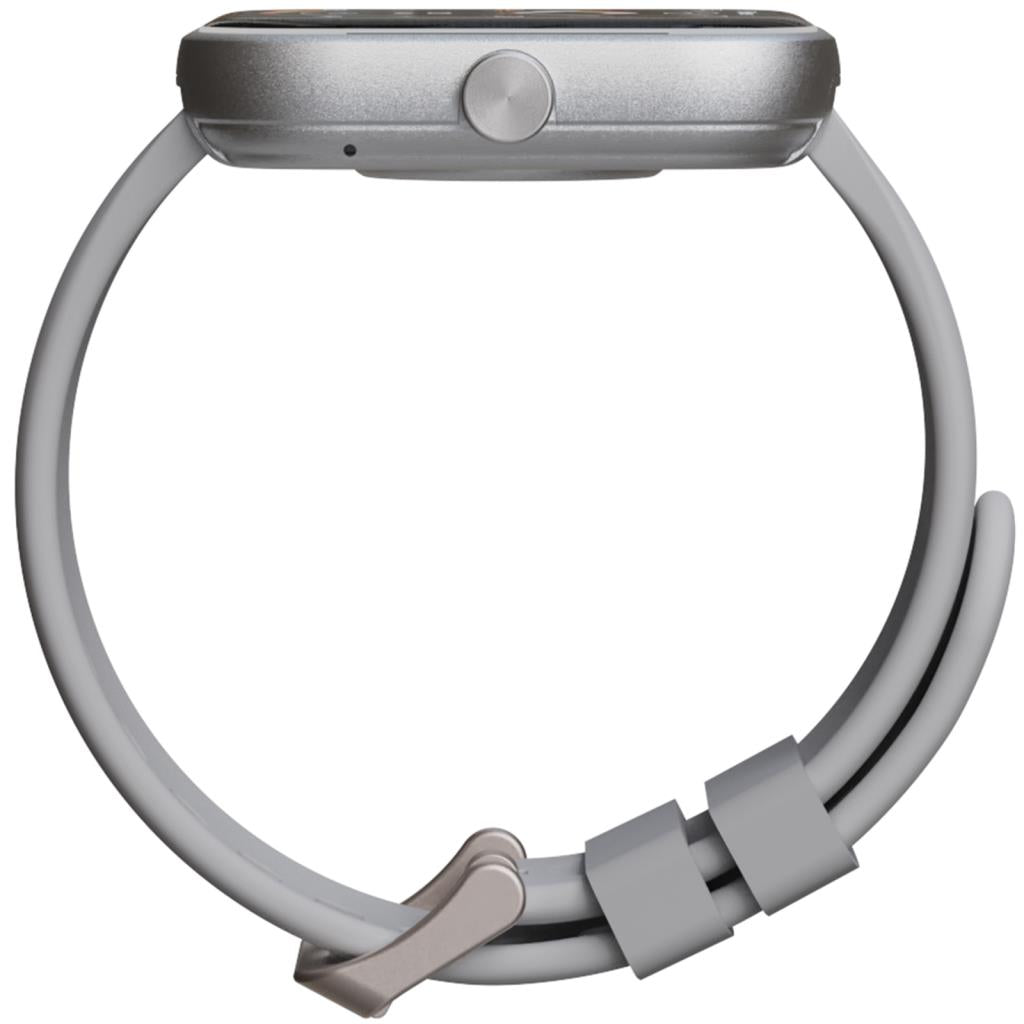 Side view of HiFuture Lume Smartwatch Bluetooth Calling in grey with curved strap and round button on the case.
