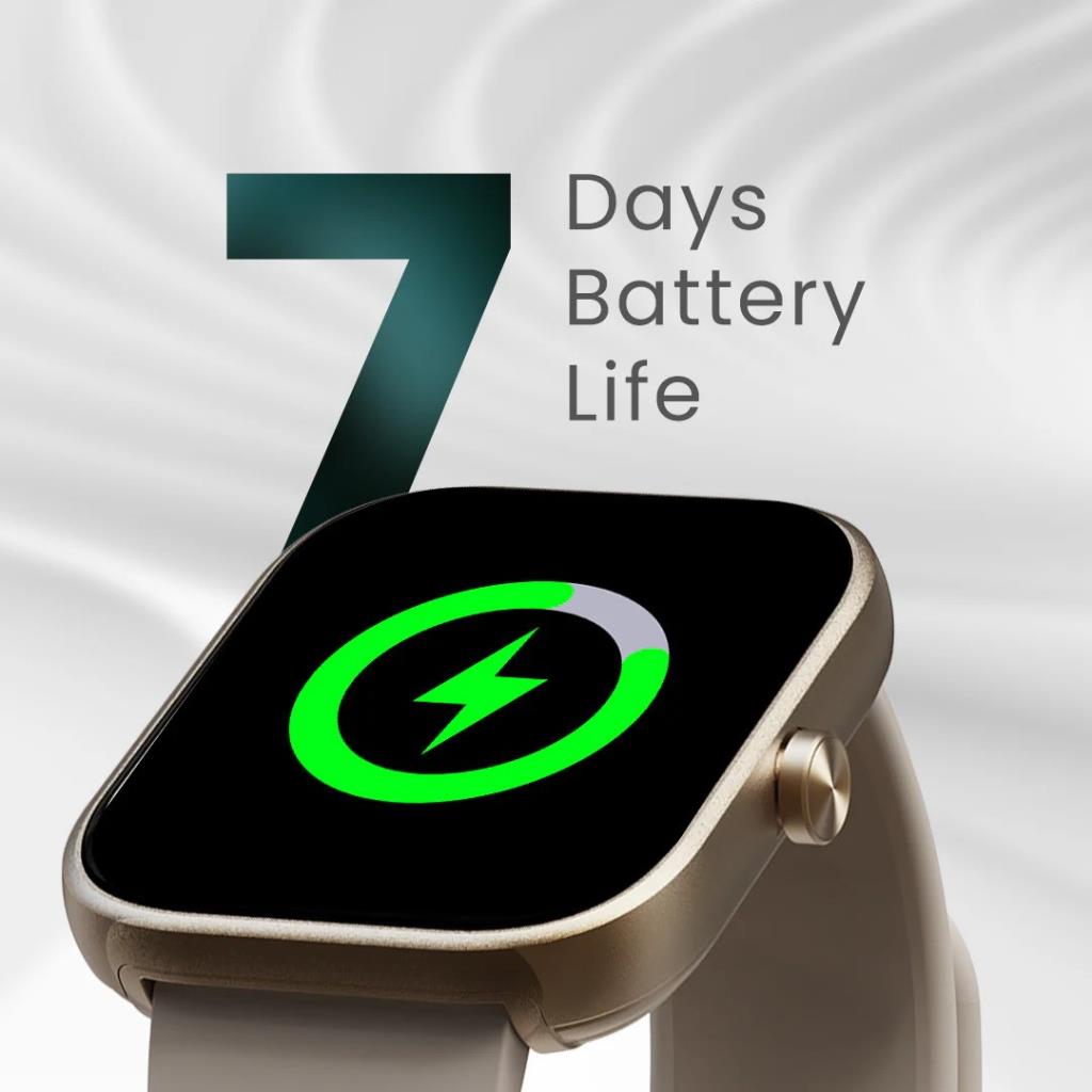 HiFuture Lume Smartwatch in grey showing charging screen with 7 days battery life text above