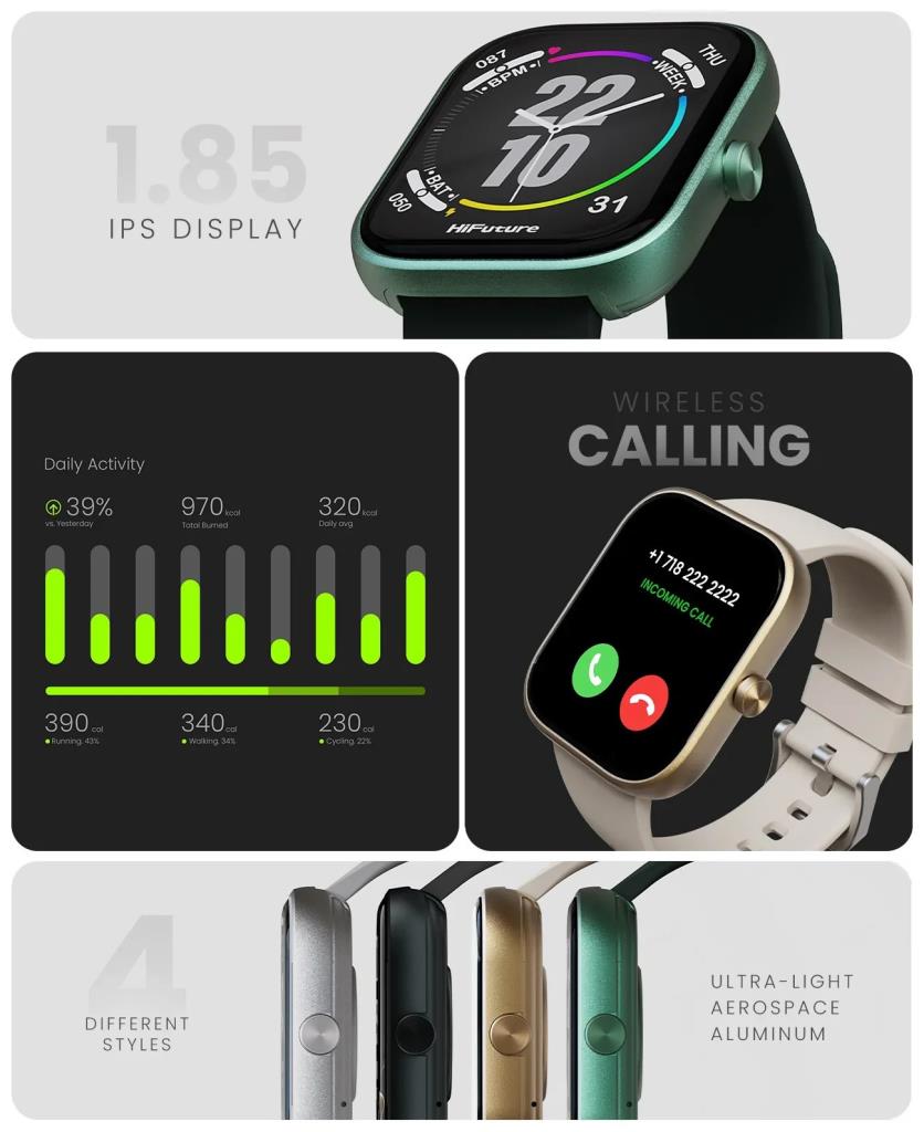 HiFuture Lume Smartwatch in grey showing a colorful digital watch face with time and health metrics.