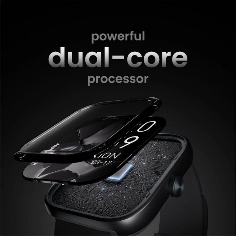 Hi-Future Lume Smart Watch in beige showing layered screen components and dual-core processor text.