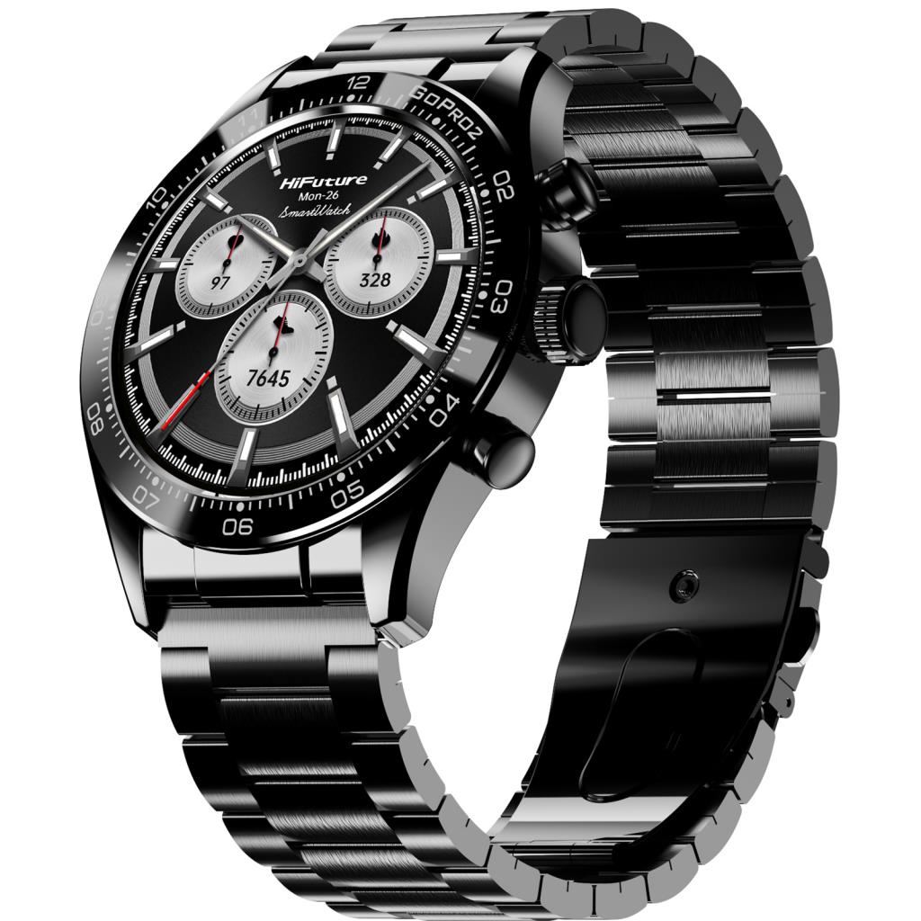 HiFuture Go Pro 2 Smart Watch in black with metal link band and round dial showing multiple subdials.