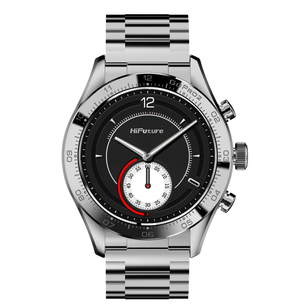 HiFuture GoPro2 Smart Watch in silver with round black dial and silver metal link strap, showing analog-style display.