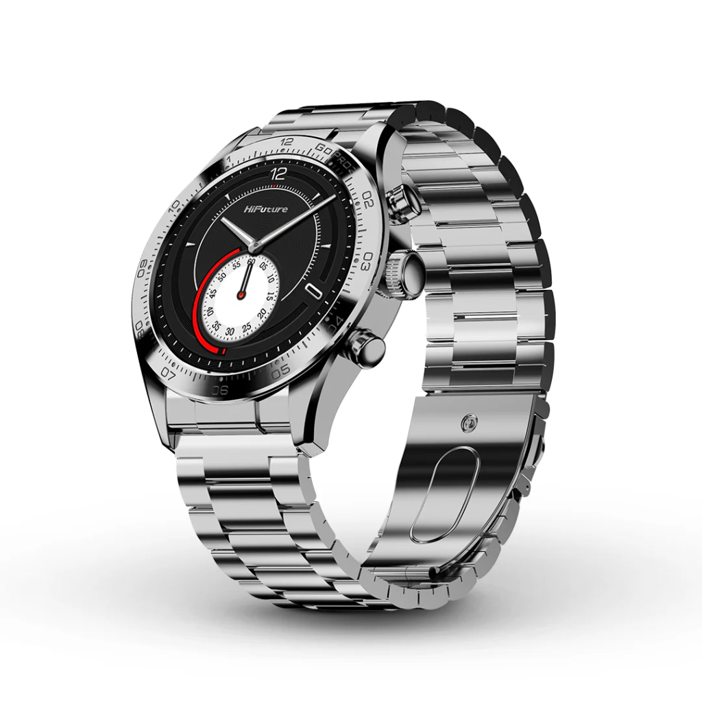 HiFuture GoPro2 Smart Watch in silver with black dial, three side buttons, and metal link band