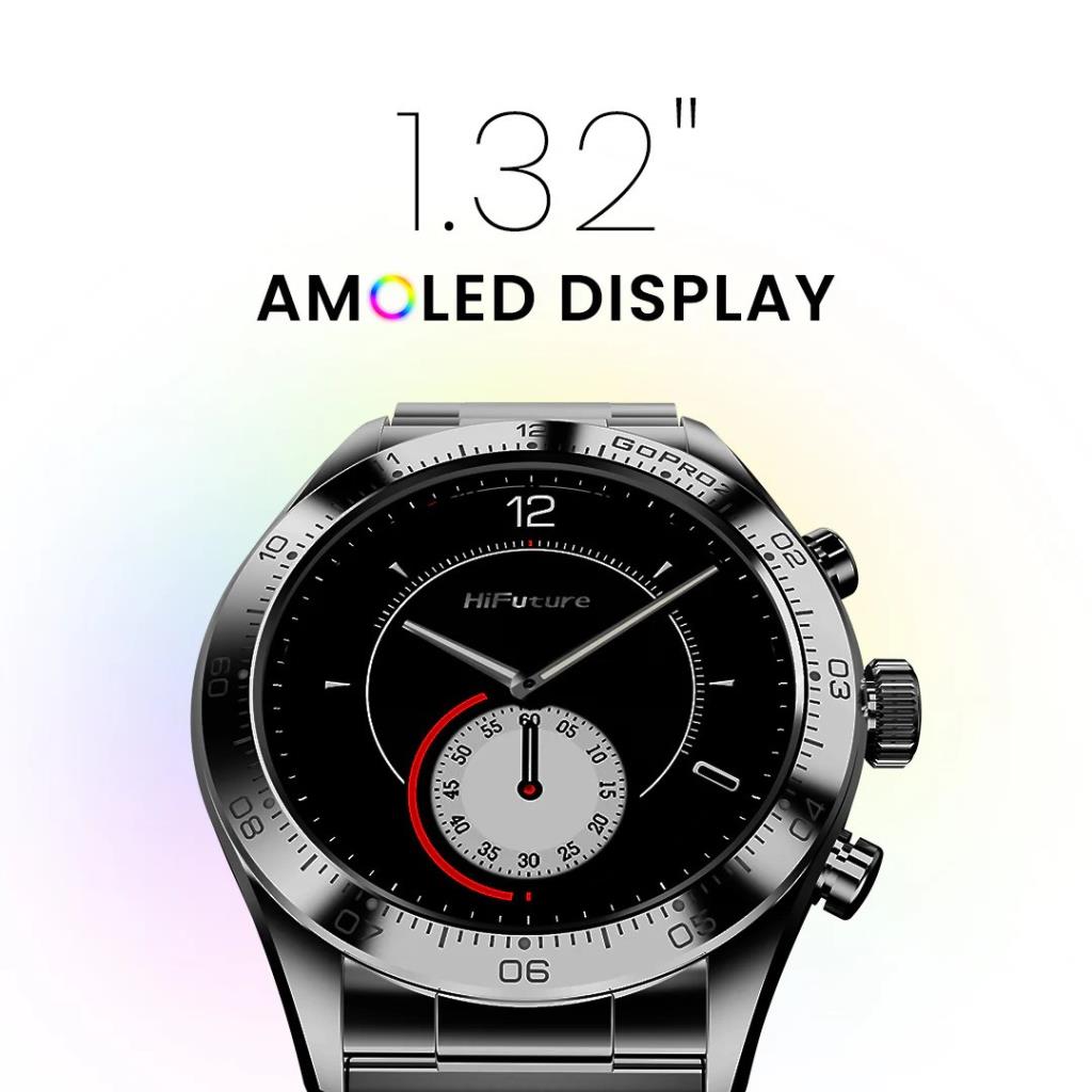 HiFuture GoPro2 Smart Watch Silver with 1.32" AMOLED display and metal strap, showing analog-style watch face.