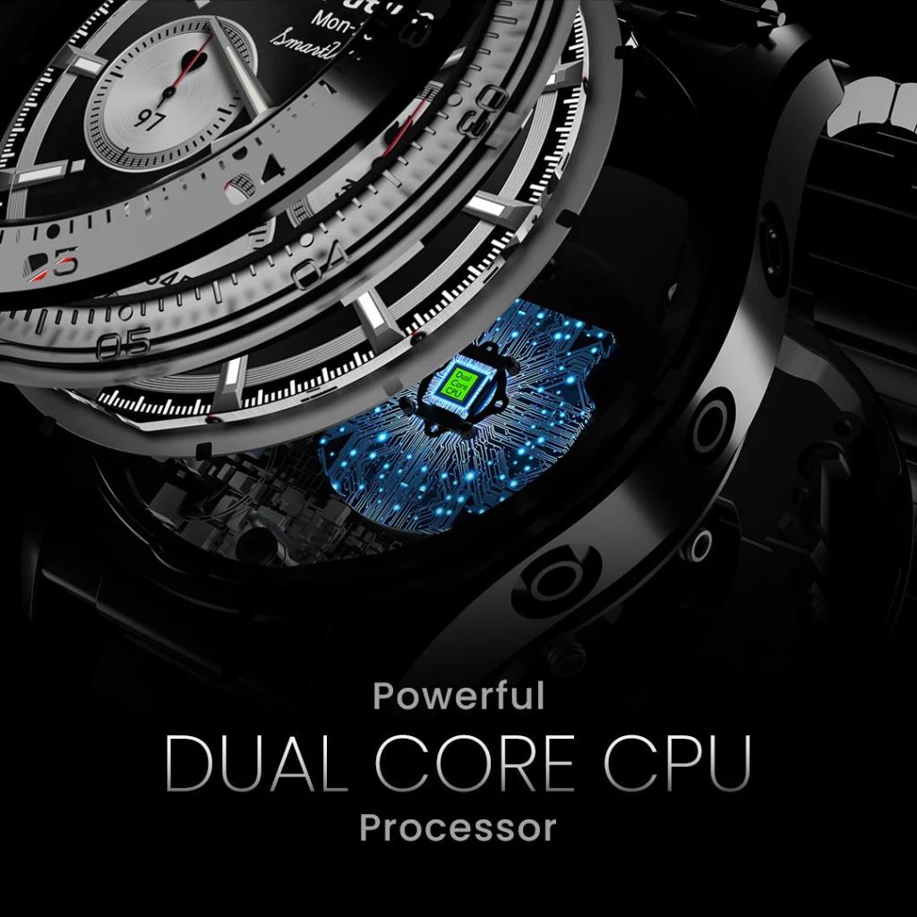 HiFuture GoPro2 Smart Watch Silver showing exploded view with dual core CPU and watch face details.