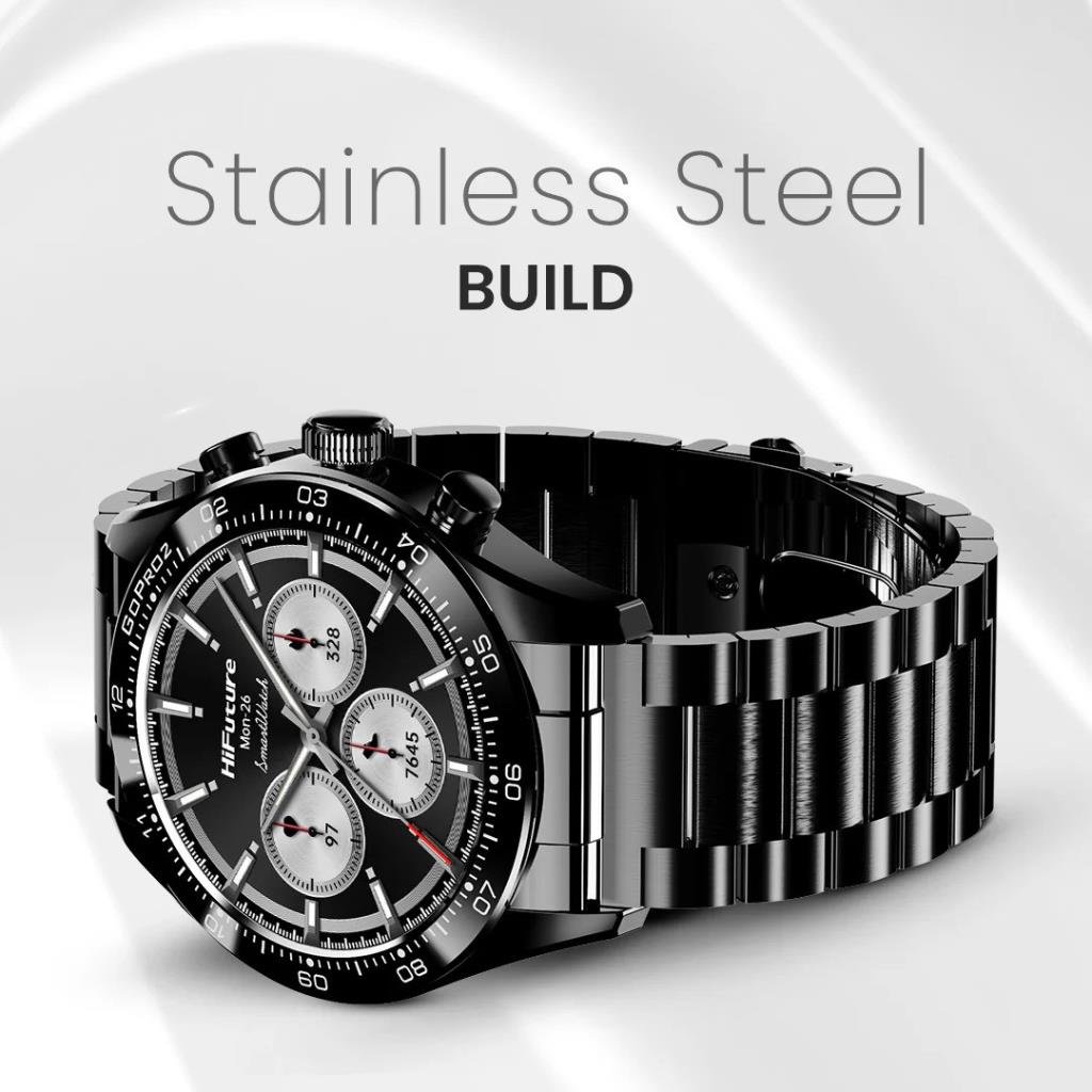 HiFuture GoPro2 Smart Watch Silver with black dial and stainless steel link bracelet band, angled view.