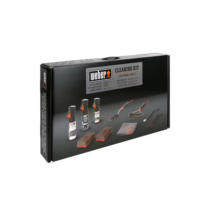 Weber Cleaning Kit for enamel gas barbecues in black box with sprays, brushes, sponges, and cloth displayed