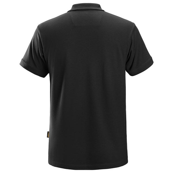 Back view of a black Snickers Classic Polo Shirt with short sleeves and a collar.