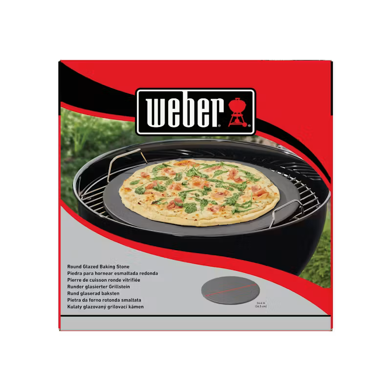 Weber Glazed Pizza Stone packaging showing a pizza baking on the stone inside a grill