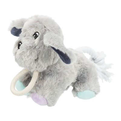 Junior Dog with Rope plush squeaky toy, soft cuddle buddy with hidden squeaker and chew rope, 24cm – Keans Claremorris