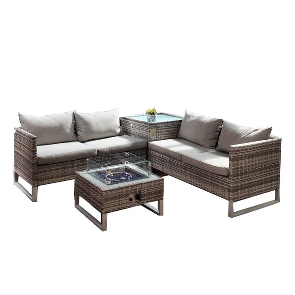 Palermo Corner Sofa Set with storage and fire pit, weather-resistant rattan, seats 4, easy assembly – Keans Claremorris